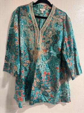 Charter Club Turquoise Embroidered V-Neck Paisley Tunic Size 3X
